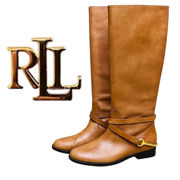 Ralph Lauren Lauren Boots Jenny Leather Tall Camel PullOn Riding Boot Polo Sz 8B - Picture 1 of 13